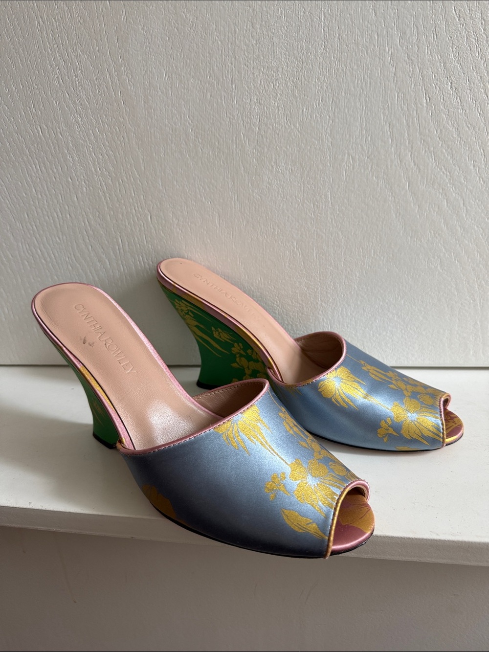 Cynthia Rowley Green and Silver Floral Satin Mules - Picture 2 of 8
